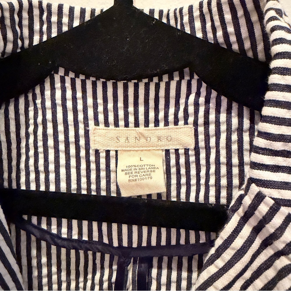Sandro Designer Seersucker Navy White Stripes 100% Cotton Women's Blazer Size L - Picture 5 of 9